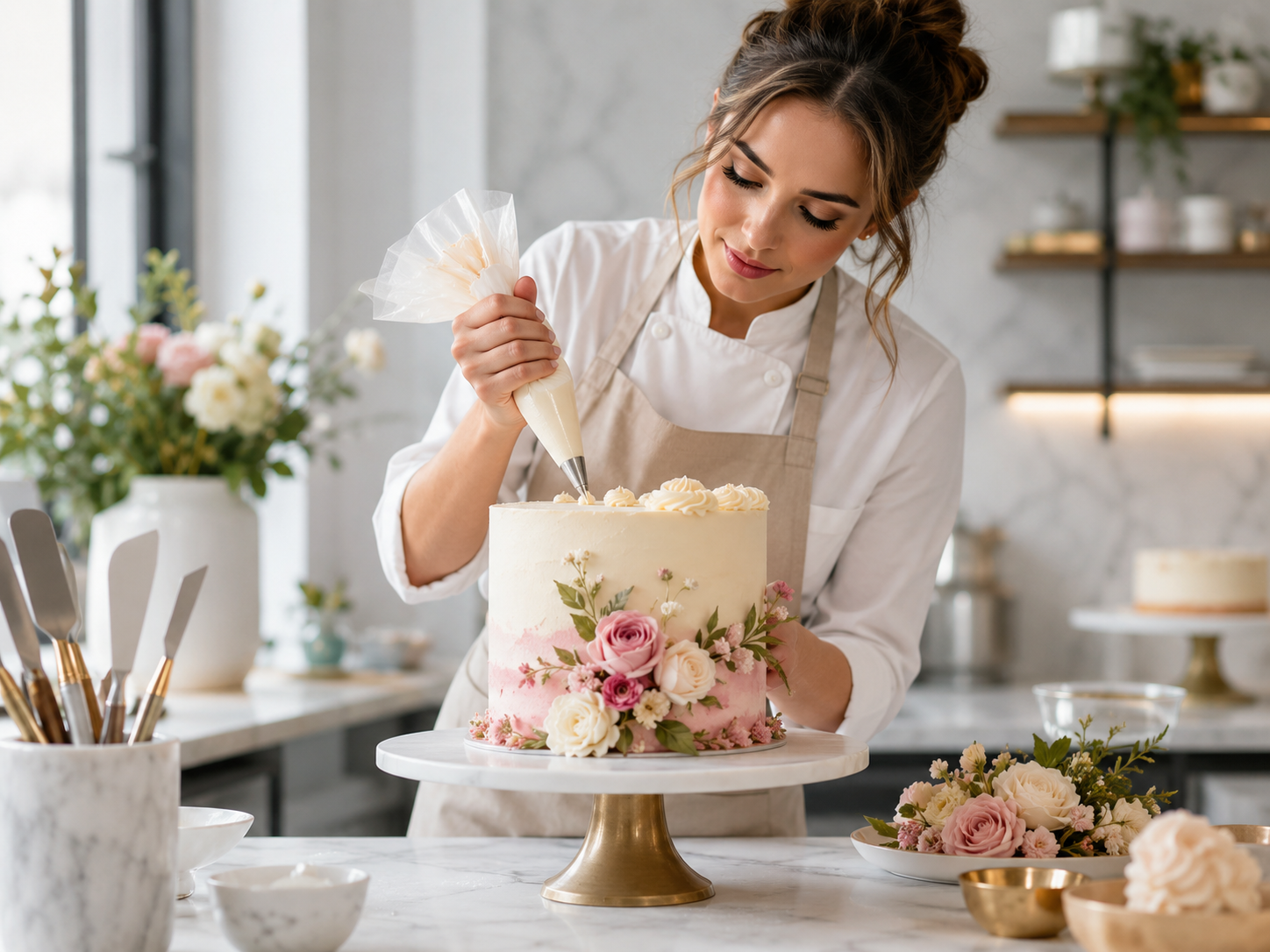 Cake artist decorating a floral custom cake in a bakery studio